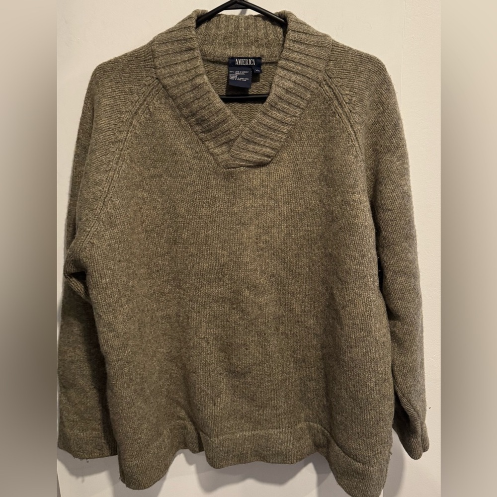 America 100% Lambs Wool v neck men unisex khaki green tan comfy street warm XL
